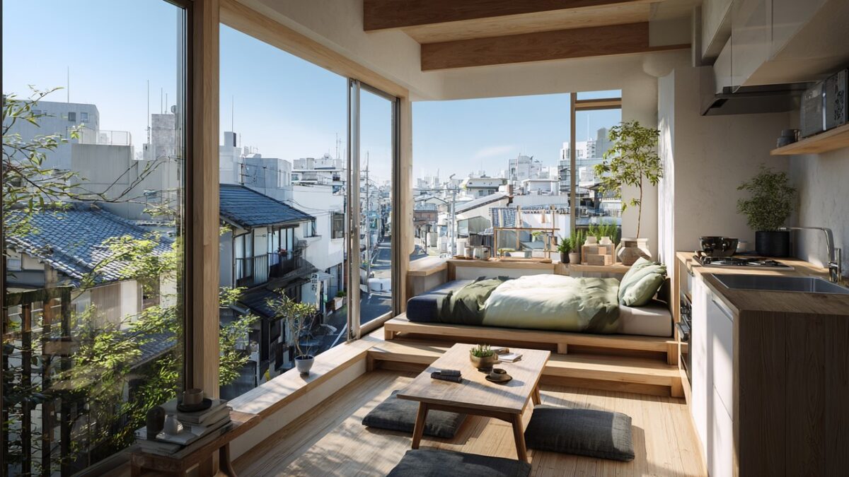 Modern Japon tarzı minimalist stüdyo daire iç mekanı, doğal ışık alan büyük pencereler ve geleneksel Japon evleriyle kırsal mahalle manzarası