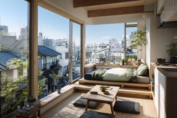 Modern Japon tarzı minimalist stüdyo daire iç mekanı, doğal ışık alan büyük pencereler ve geleneksel Japon evleriyle kırsal mahalle manzarası