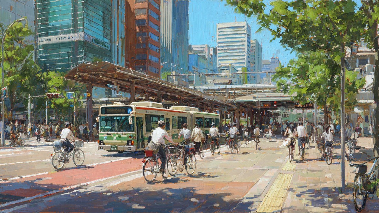 Osaka'da üniversite yakınında öğrencilerin bisiklet ve yürüyüşle ulaştığı canlı, modern şehir sokakları, metro girişleri ve otobüslerle dolu.