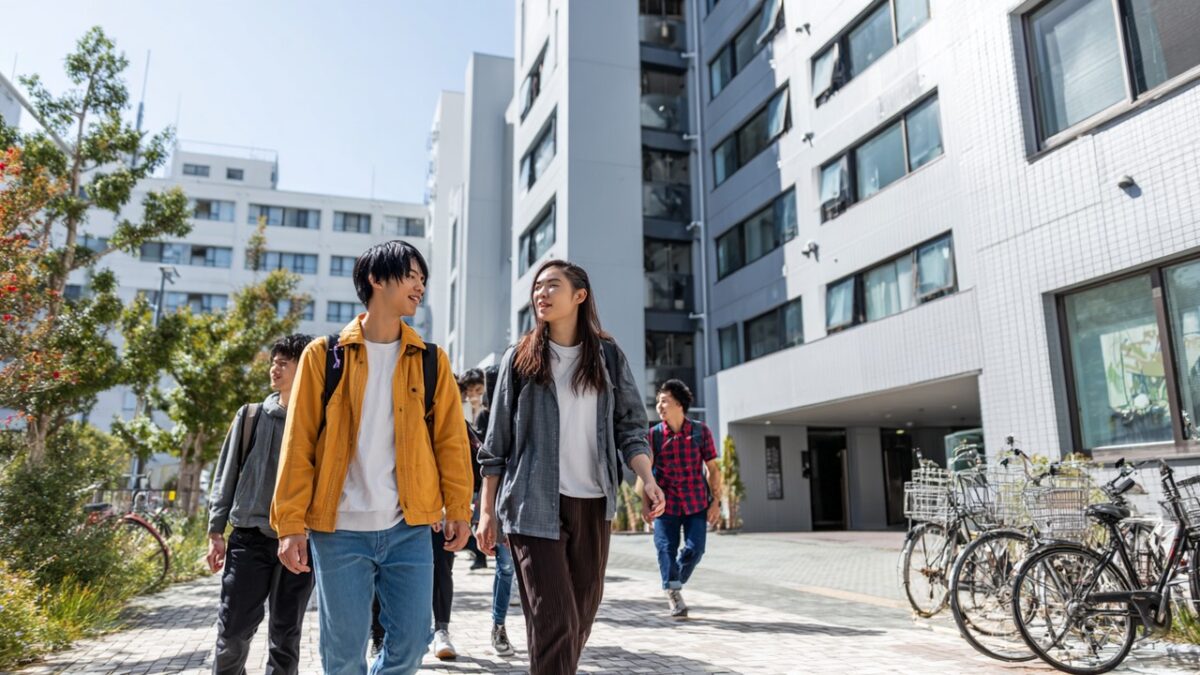 Osaka'daki modern öğrenci yurdu önünde farklı kökenlerden gençler, bisiklet ve sırt çantasıyla yürüyüş yaparken, şehir manzarasıyla birlikte.