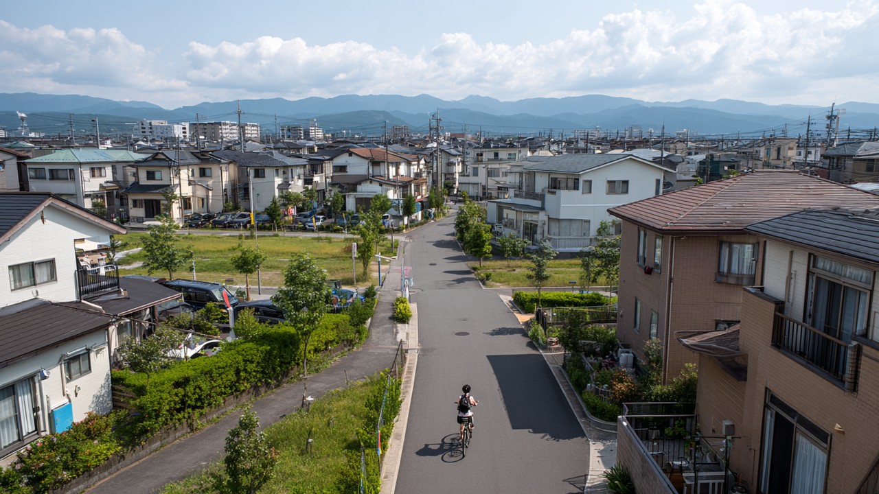 Sessiz ve huzurlu Japon banliyösünde, yeşilliklerle çevrili düşük katlı evler ve küçük apartmanlar, yürüyüş ve bisikletli sakinler.