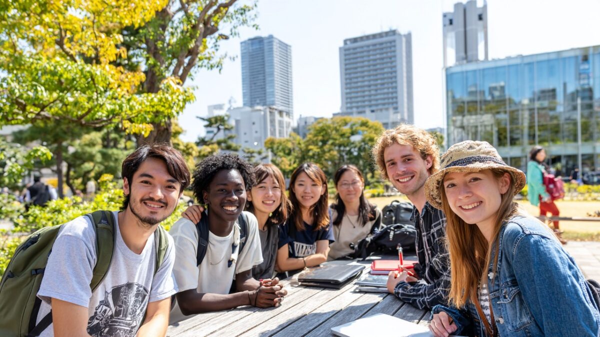 Tokyo Üniversitesi kampüsünde, açık havada sırt çantalı ve dizüstü bilgisayarlı uluslararası öğrenciler birlikte gülümseyerek ders çalışıyor.