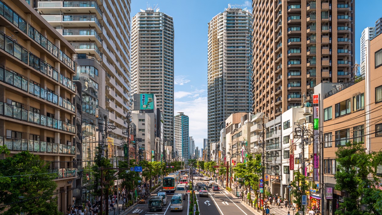 Tokyo veya Osaka şehir merkezinde yüksek katlı konut binaları, kalabalık yaya trafiği ve toplu taşıma yakınlığıyla hareketli kentsel yaşam.