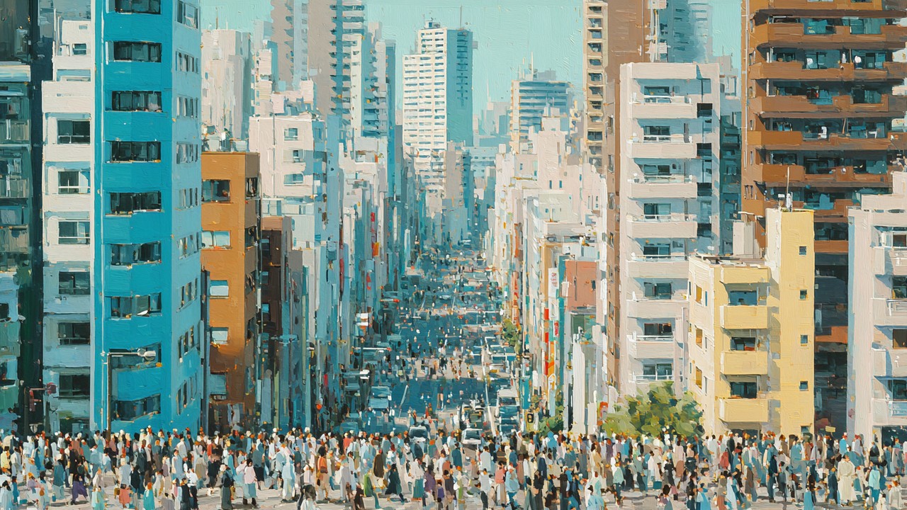 Yoğun Japon şehir manzarası, yüksek binalar ve kalabalık sokaklarda yürüyen insanlar, sınırlı yaşam alanını vurgulayan şehir yaşamı.