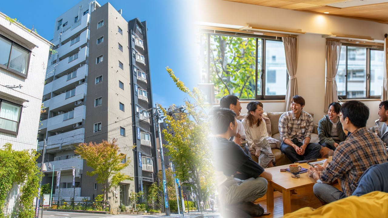 Güzel aydınlatılmış Japon öğrenci konutları: modern yurt binası, ortak yaşam alanında gençler ve şehirde özel apartman dış cephesi.