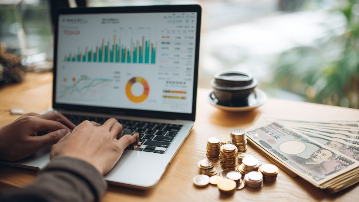 Modern çalışma alanında finansal gösterge ekranı, kahve ve Japon yenleriyle uluslararası para transferi ve tasarruf konseptli ofis ortamı.