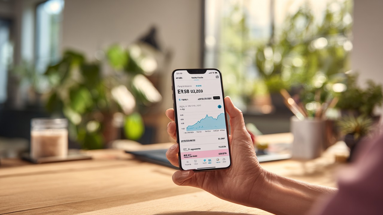 Modern dijital bankacılık uygulamasıyla döviz kurları ve şeffaf ücret detayları gösteren akıllı telefon ekranı, rahat ev ofis ortamında kullanılıyor.