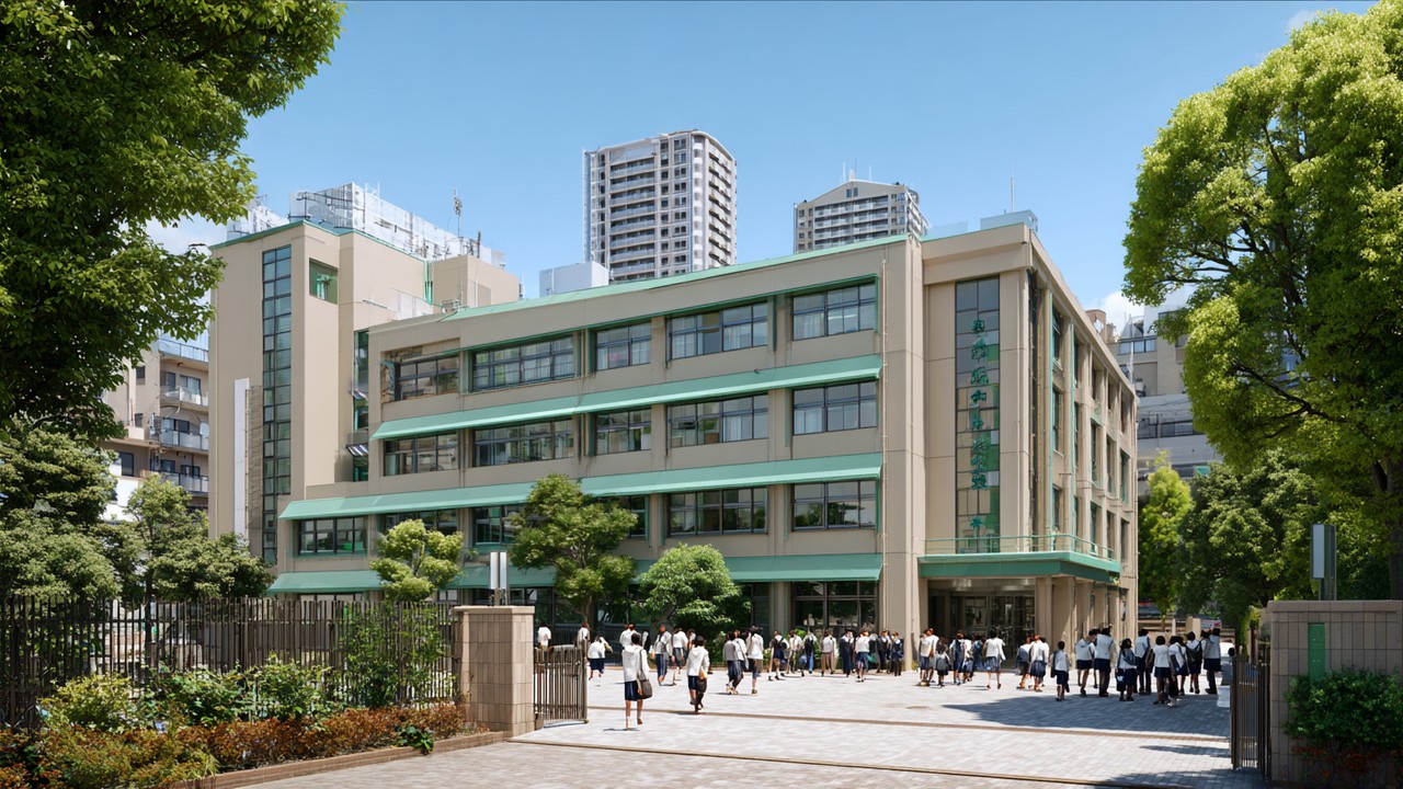 Modern, donanımlı büyük Japon dil kursu binası dış cephesi, şehir manzarası ve yeşilliklerle çevrili, öğrencilerin giriş çıkış yaptığı yoğun eğitim kurumu.