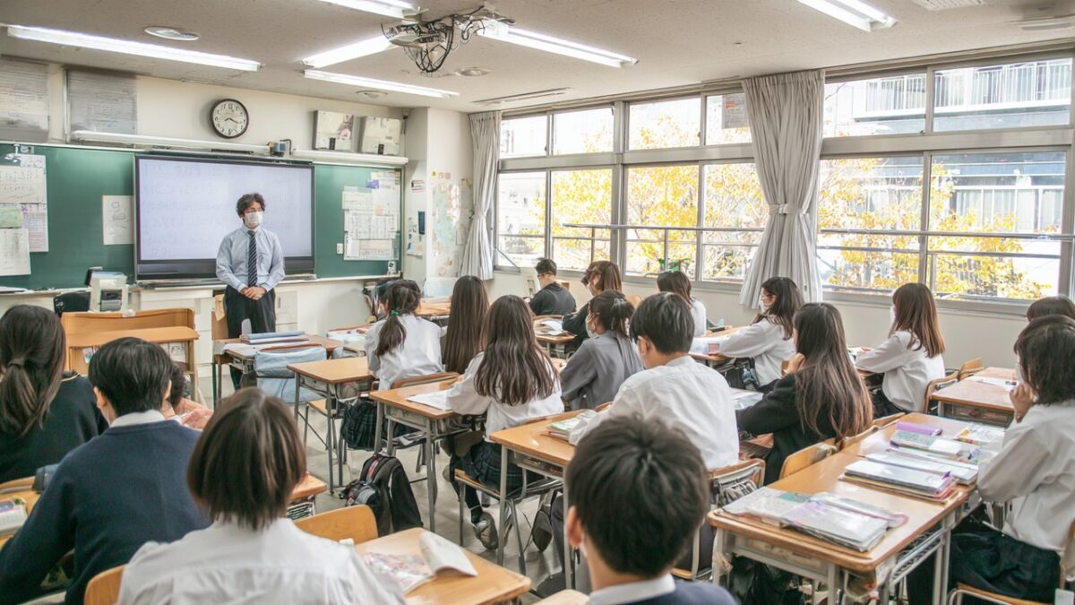 Modern Japon sınıfında, üniversite sınavlarına hazırlanan dikkatli lise öğrencileri ve öğretmen, ders anlatıyor.
