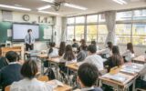 Modern Japon sınıfında, üniversite sınavlarına hazırlanan dikkatli lise öğrencileri ve öğretmen, ders anlatıyor.