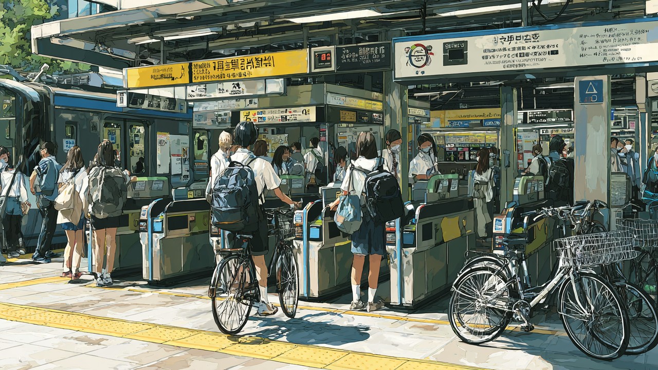 Tokyo metro istasyonunda öğrenci kartıyla turnikeden geçen, yakınlarda bisiklet park eden ve şehir hayatını yansıtan modern ulaşım ortamı.