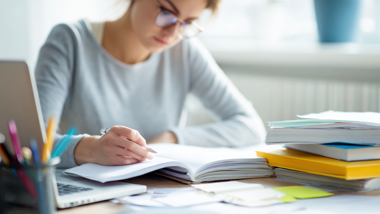 Üniversite öğrencisi, çalışma masasında kitaplar, dizüstü bilgisayar ve sağlık sigortası kartıyla ders çalışırken, odaklanmış ve sorumlu finansal planlama yapıyor.